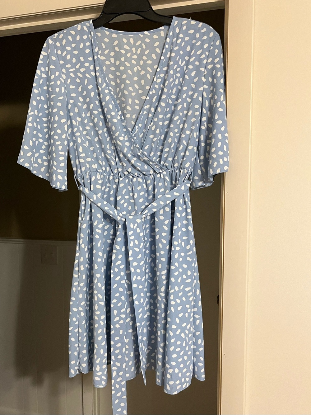 Sky Blue Printed Wrap Midi Dress with Self-Tie Waist